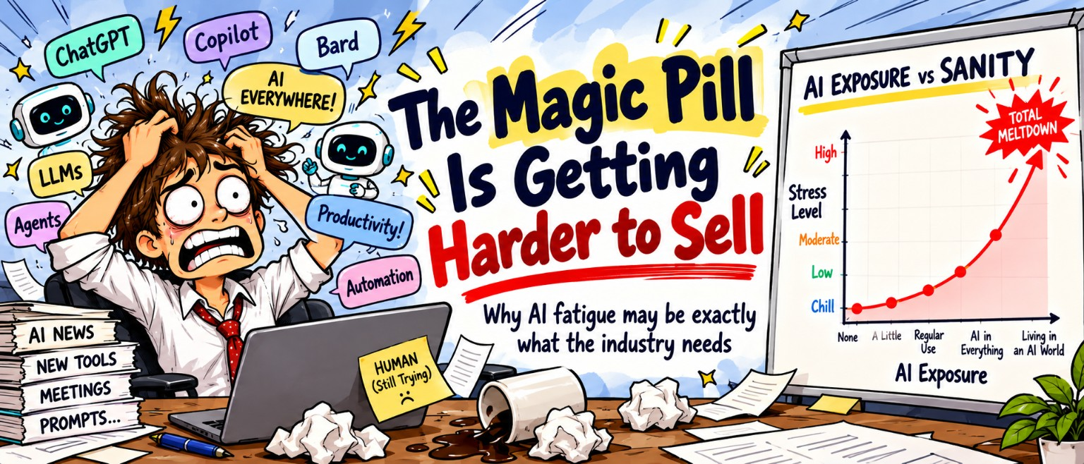 Cartoon masthead showing a frustrated worker overwhelmed by AI hype, with a stress chart