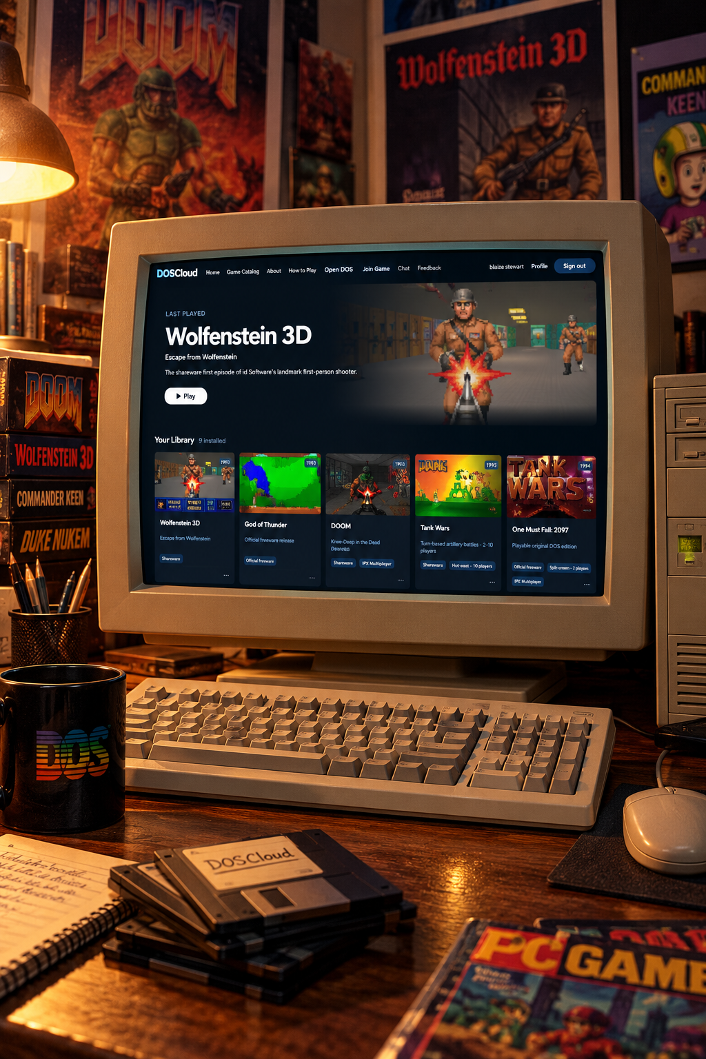 DOSCloud retro-computer masthead featuring classic DOS gaming